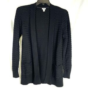 LL Bean Open-Front Cotton Black Cardigan Textured Waffle Women Size M Pockets